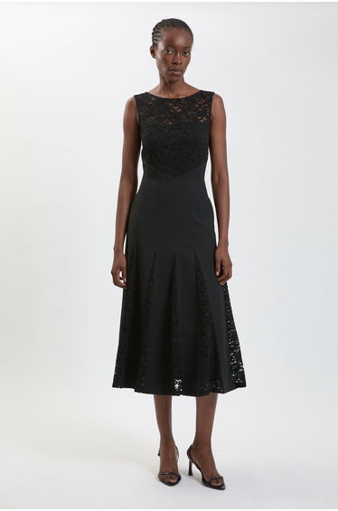 Compact Stretched Lace Detail Midi Dress