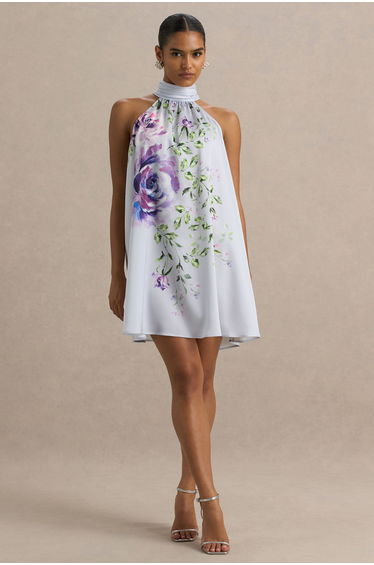 Evita | Powder Blue Rose Print High-Neck A-Line Mini Dress With Bow