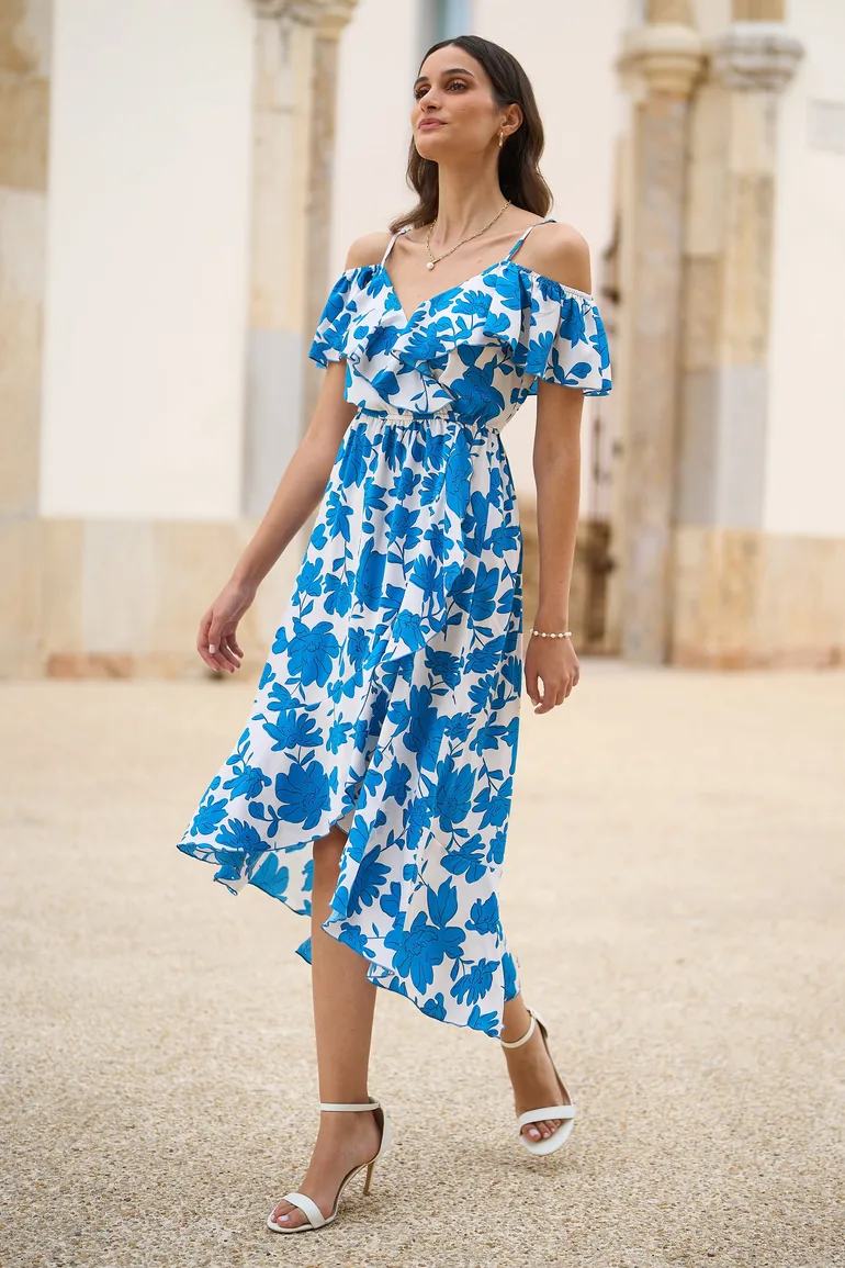 Yumi Blue Floral Print Bardot Midi Dress With Dip Hem Yumi Multicolour :  Day Dresses : VogaCloset Qatar