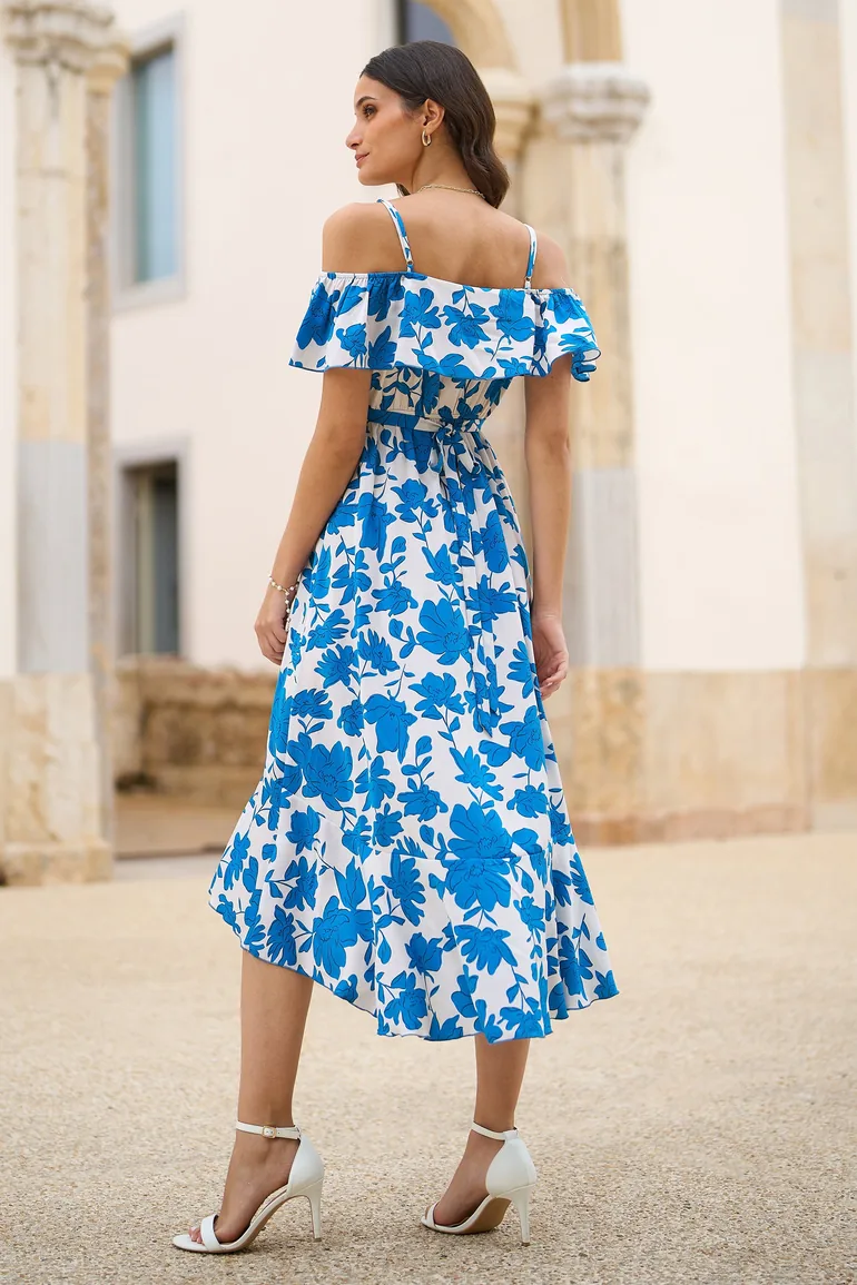 Yumi Blue Floral Print Bardot Midi Dress With Dip Hem - 5