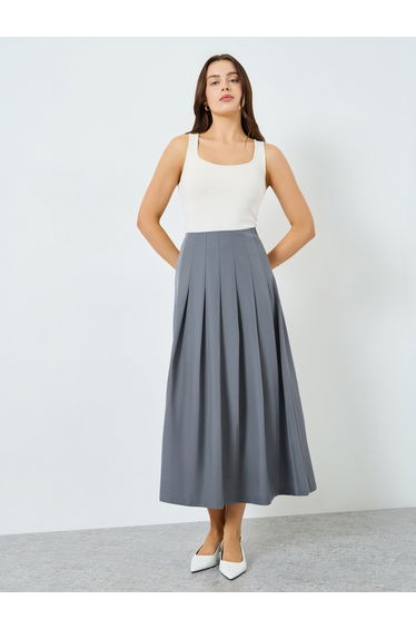Women Grey Pleated A-Line Maxi Skirt