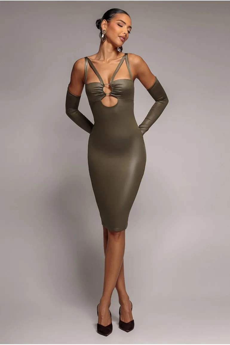 khaki faux leather dress Faux Leather Cut Out Sheath Midi Dress