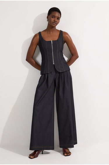 Petite Tailored Denim Peplum Wide Leg Jumpsuit