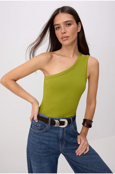 Oil Green Body-Fitting Asymmetric Collar Sleeveless Snap-Fit Ribbed Stretchy Knitted Bodysuit
