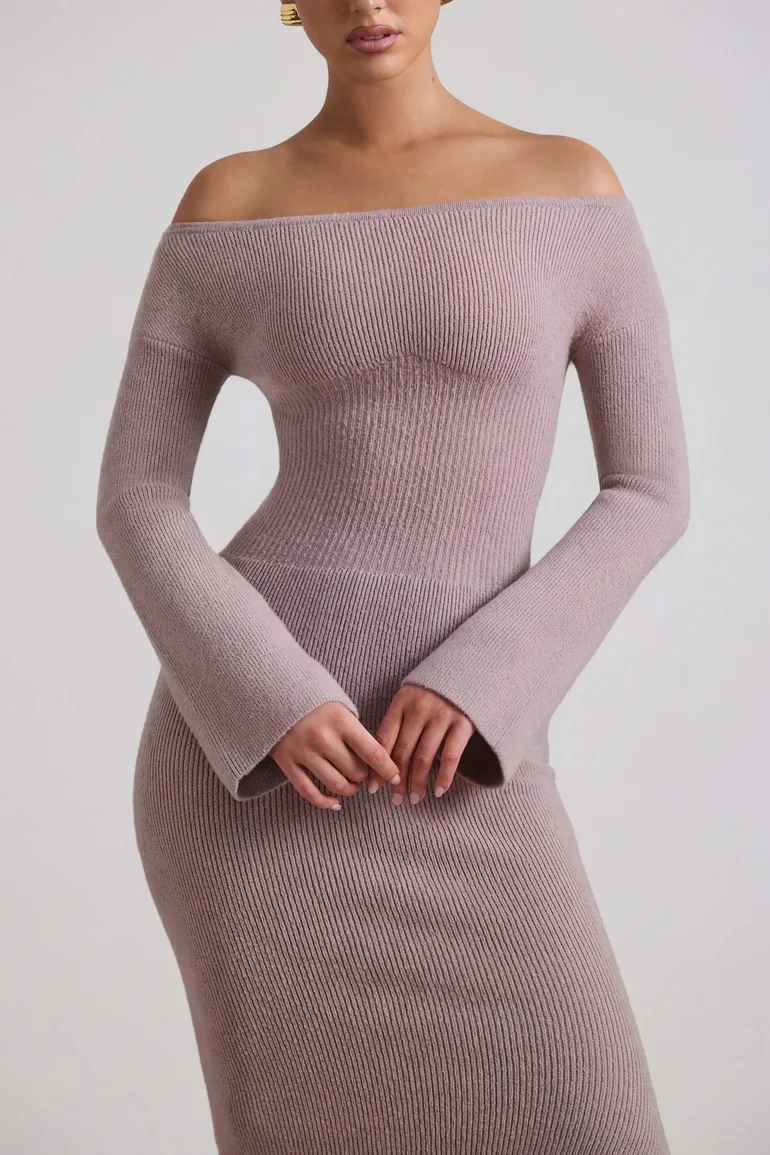 Ribbed-Knit Off-Shoulder Maxi Dress in Taupe - 3