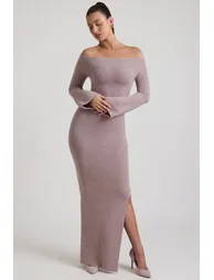 Ribbed-Knit Off-Shoulder Maxi Dress in Taupe - 6