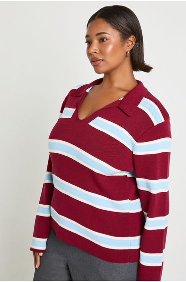 Plus Collared Compact Knit Rugby Jumper - burgundy
