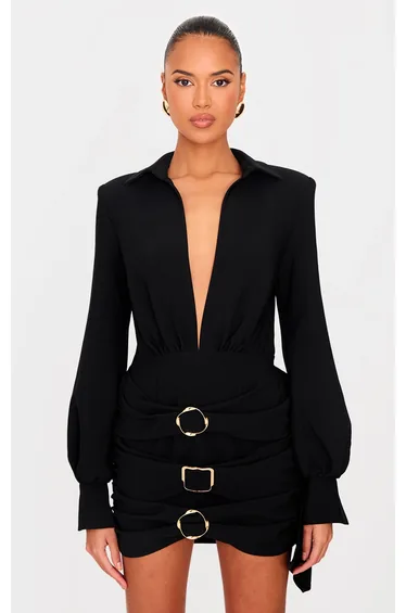 Black Belt Wrap Detail Mini Dress