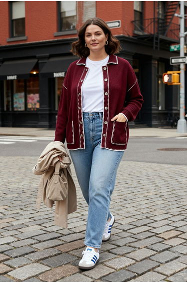 Burgundy polo neck embroidered/embroidered knit cardigan