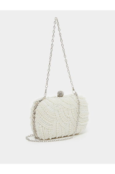 White Faux Pearl Embellished Clutch Bag