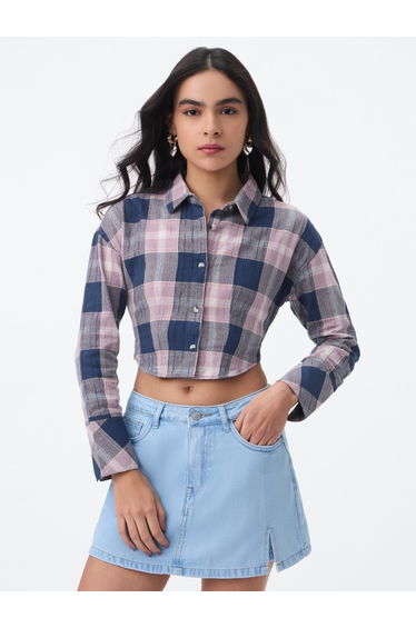 Blue Crop Plaid Shirt