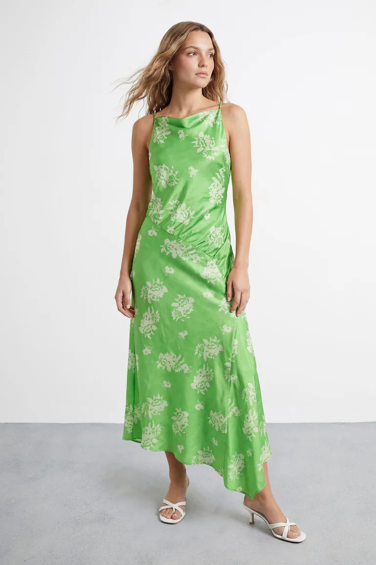 Floral Printed Racer Neck Seam Detail Bias Maxi Dress