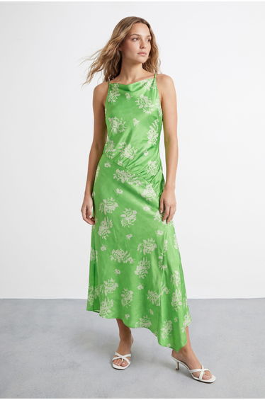 Floral Printed Racer Neck Seam Detail Bias Maxi Dress