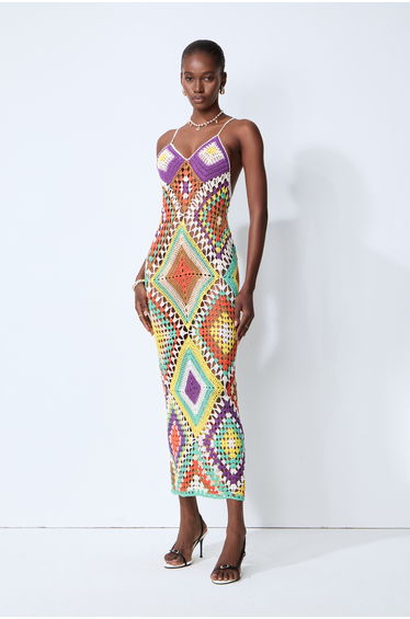 Sunkissed Shores Multi Crochet Geometric Spaghetti Strap Maxi Dress