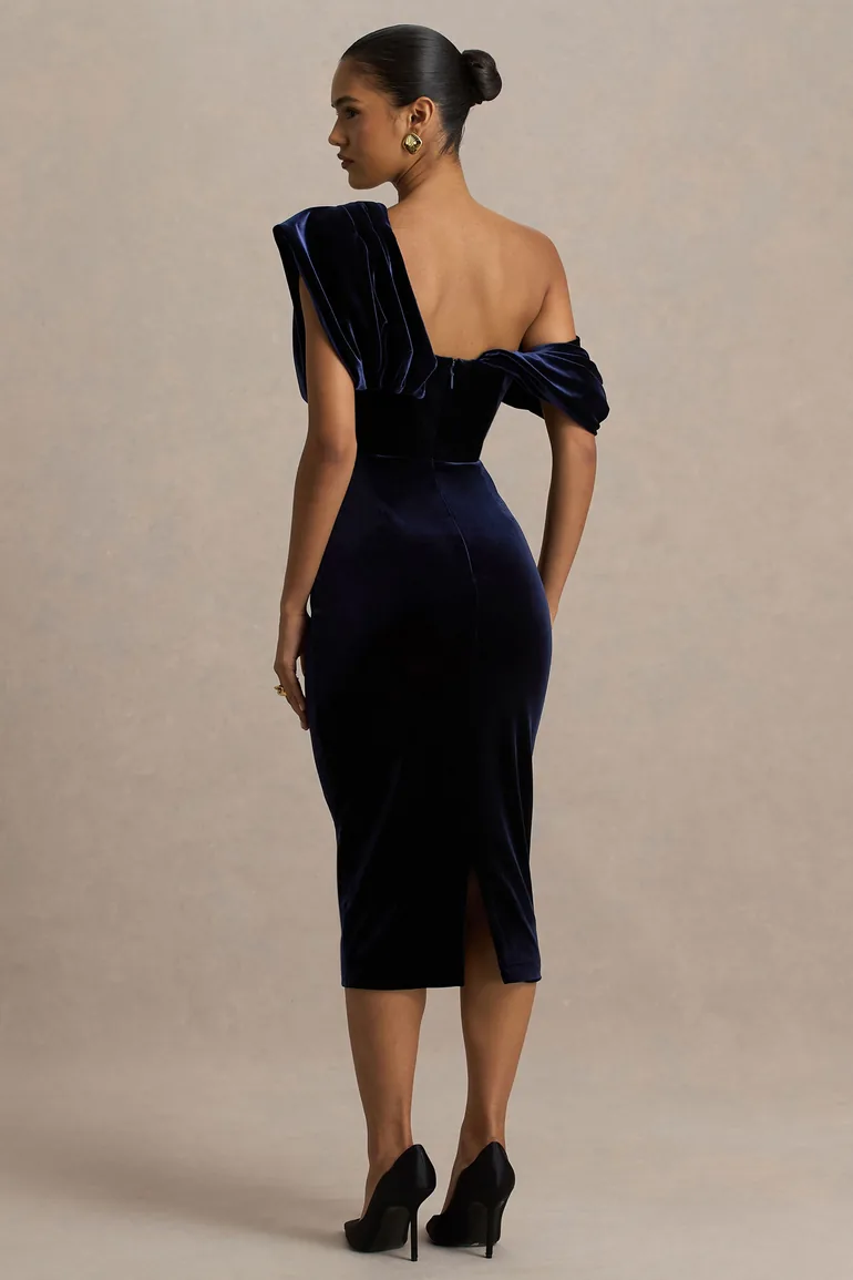 High End | Navy Velvet Asymmetric-Neck Midi Dress With Draped Detailing - 1