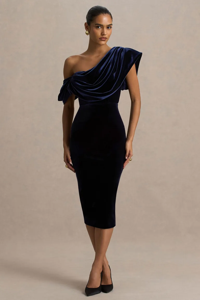 High End | Navy Velvet Asymmetric-Neck Midi Dress With Draped Detailing