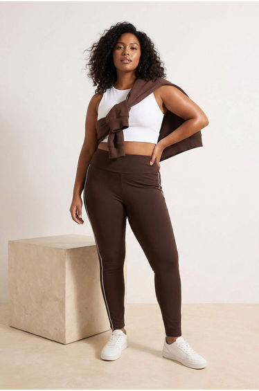 Brown Soft Brushed Fabric Piping Detailed Flexible Knitted Plus Size Leggings