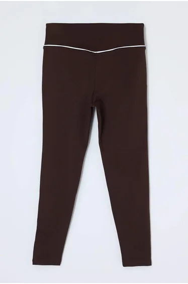 Brown Soft Brushed Fabric Piping Detailed Flexible Knitted Plus Size Leggings