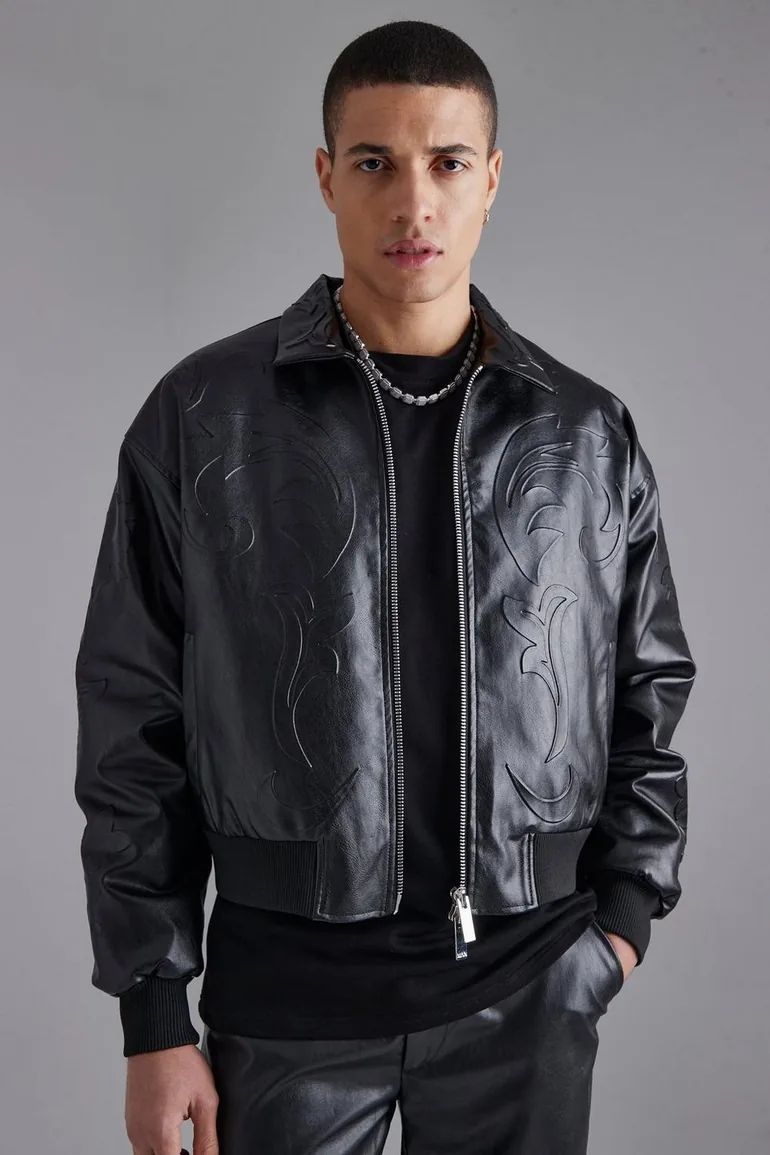 Embossed Pu Baroque Boxy Bomber - black