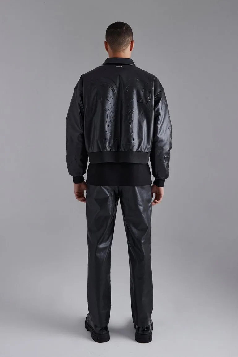 Embossed Pu Baroque Boxy Bomber - black - 1