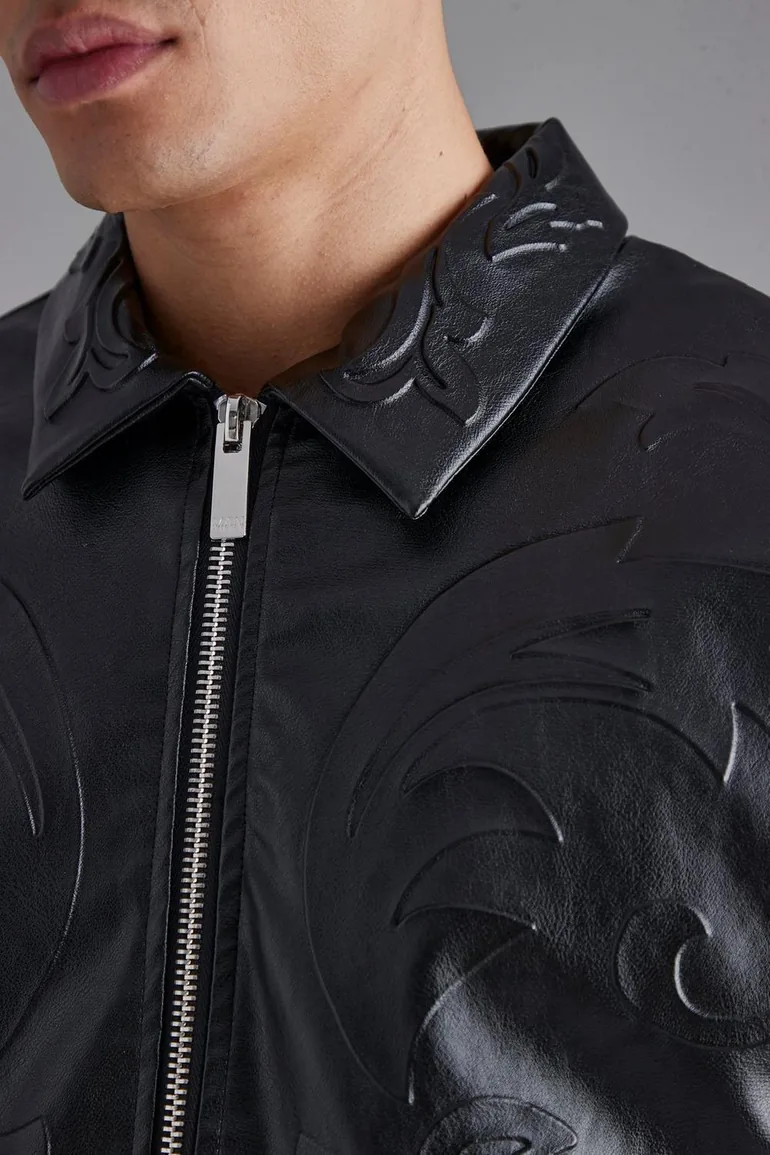 Embossed Pu Baroque Boxy Bomber - black - 2