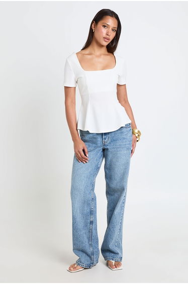 Scoop Neck Short Peplum Top - ivory