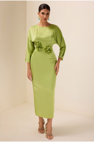 Jacqueline Satin Midi Dress in Green
