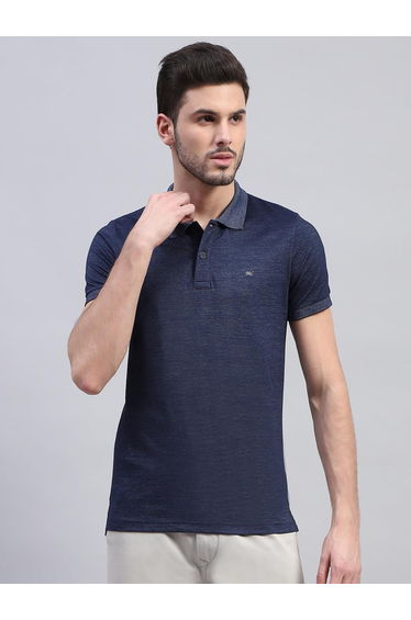 Men Blue Solid Polo Neck Half Sleeve T-Shirt