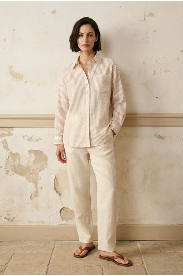 MY FASHION Striped Linen Blend Button-Up Shirt
