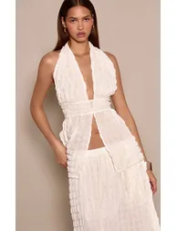 Cream Bubble Textured Halter Neck Tie Waist Top - 3