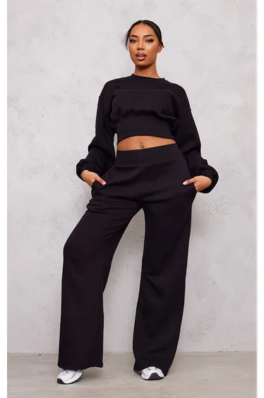بنطلون رياضي بأرجل عريضة بخصر عالي لون أسود - طويلات القامة