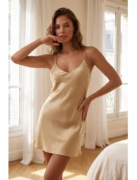 Light Beige Single 100% Polyester Plain Satin Woven Nightgown - 1