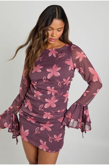 Floral Chiffon Ruffle Mini Dress - burgundy