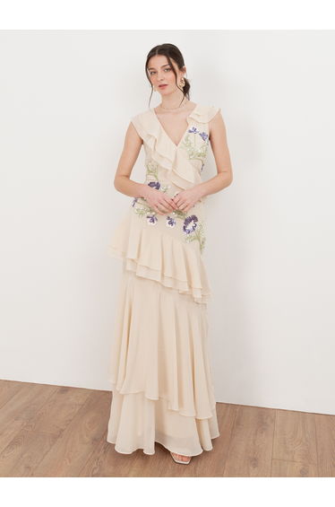 Maya Vanilla Embellished Asymmetric Ruffle Maxi Dress