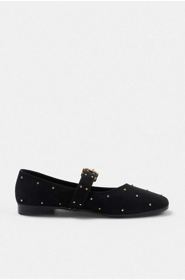 Black Suede Trok Detailed Women's Mary Jane Ballerinas