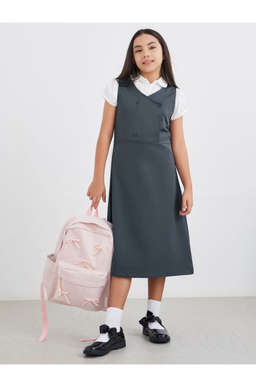 Girls Grey V Neck Button Detail Pinafore Dress