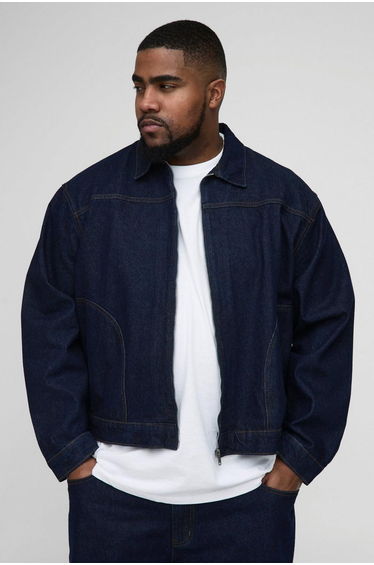Plus Boxy Contrast Stitch Denim Jacket - indigo