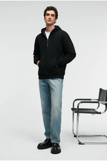 GRIMELANGE JUSTUS Men's Hoodie with Kangaroo Pocket and Zipper Collar Black Sweatshirt