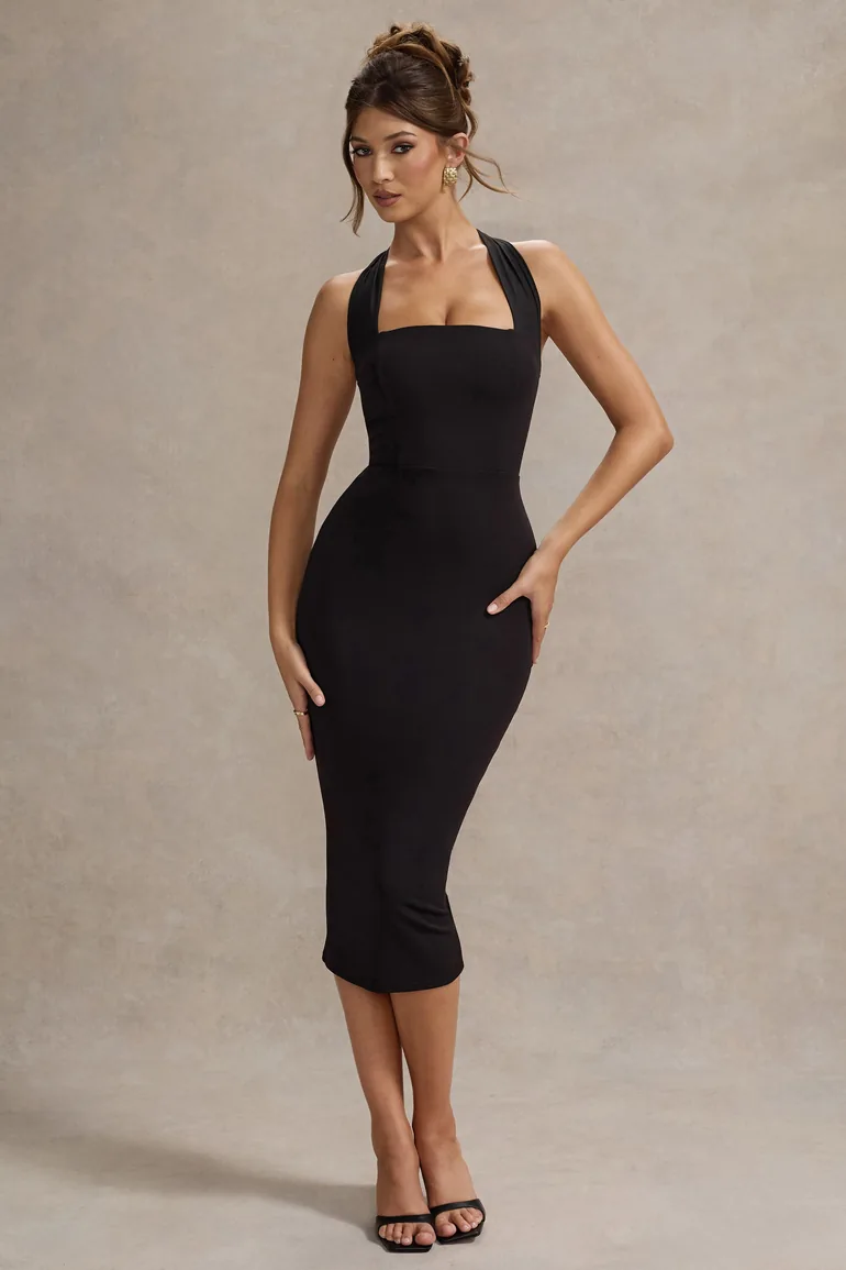 Shop Nerissa | Black Halter-Neck Midi Dress Online in Oman
