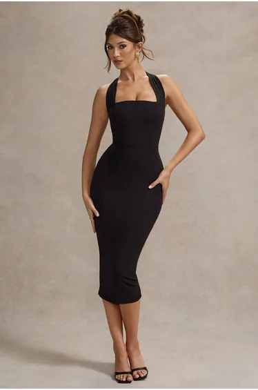 فستان ميدي بياقة هالتر - أسود