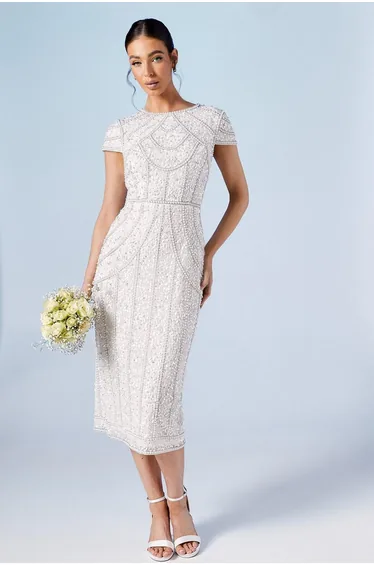 Pearl Embellished Column Bridal Dress With Cap Sleeve