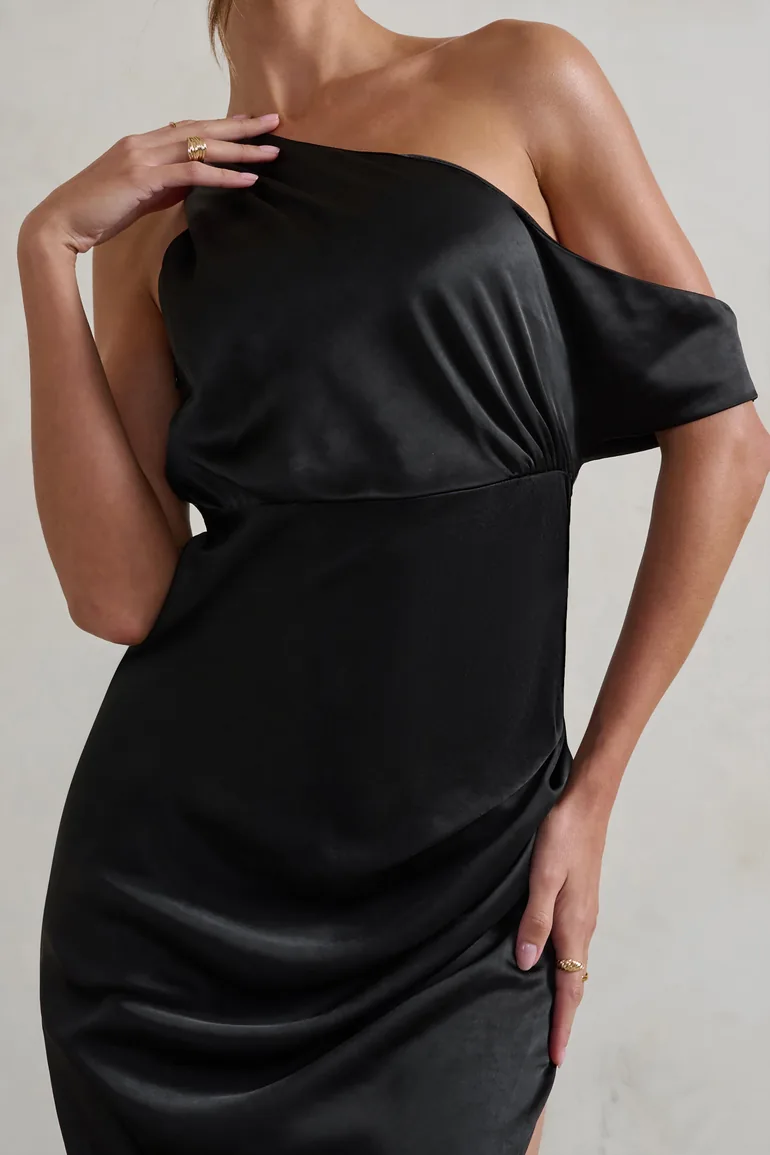 Select | Black Asymmetrical Extreme Split Satin Maxi Dress - 3