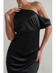 Select | Black Asymmetrical Extreme Split Satin Maxi Dress - 3