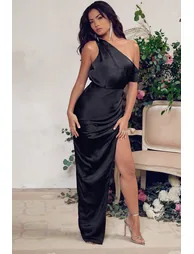 Select | Black Asymmetrical Extreme Split Satin Maxi Dress