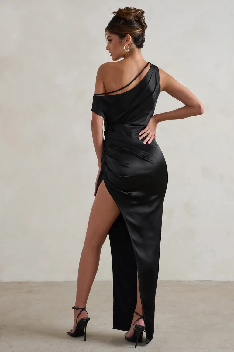 Select | Black Asymmetrical Extreme Split Satin Maxi Dress - 2