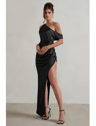 Select | Black Asymmetrical Extreme Split Satin Maxi Dress - 4