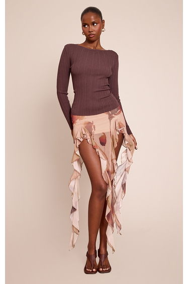 Stone Floral Printed Ruffle Hem Midi Skirt