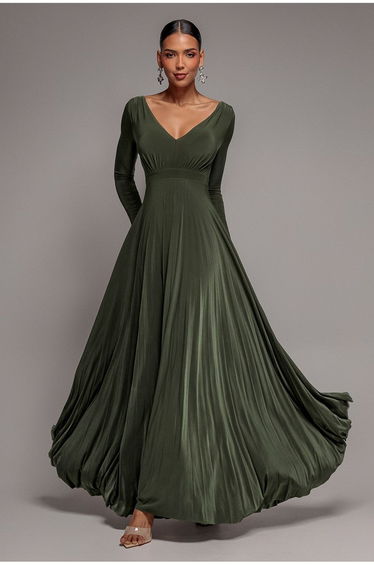 Plunge Neck Long Sleeve A-line Maxi Dress - Olive Green by Goddiva