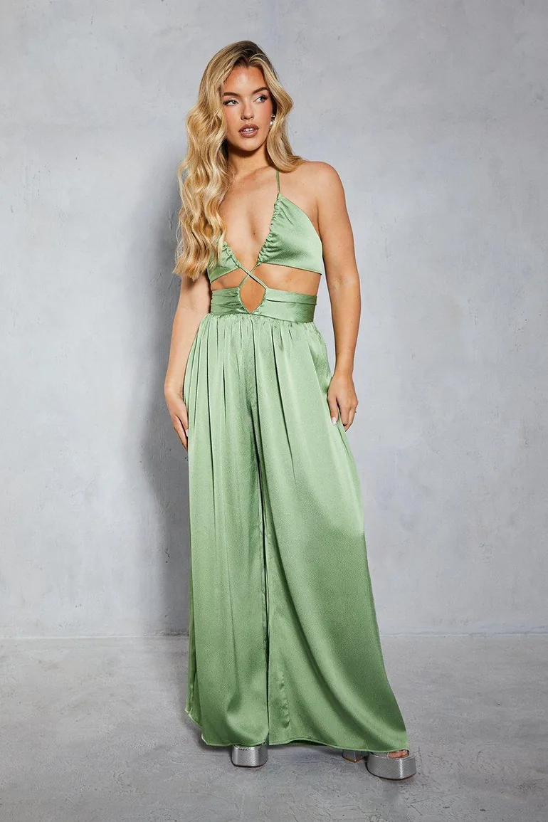 Textured Satin Strappy Cut Out Jumpsuit