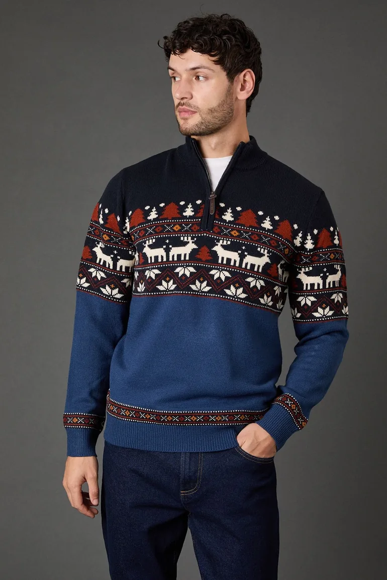 Blue Christmas Half Zip Knitted Jumper